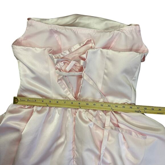 Soft Pink Satin Coquette Formal Dress Ruffle Bodice Dramatic Oversized Bow Train - Picture 8 of 12